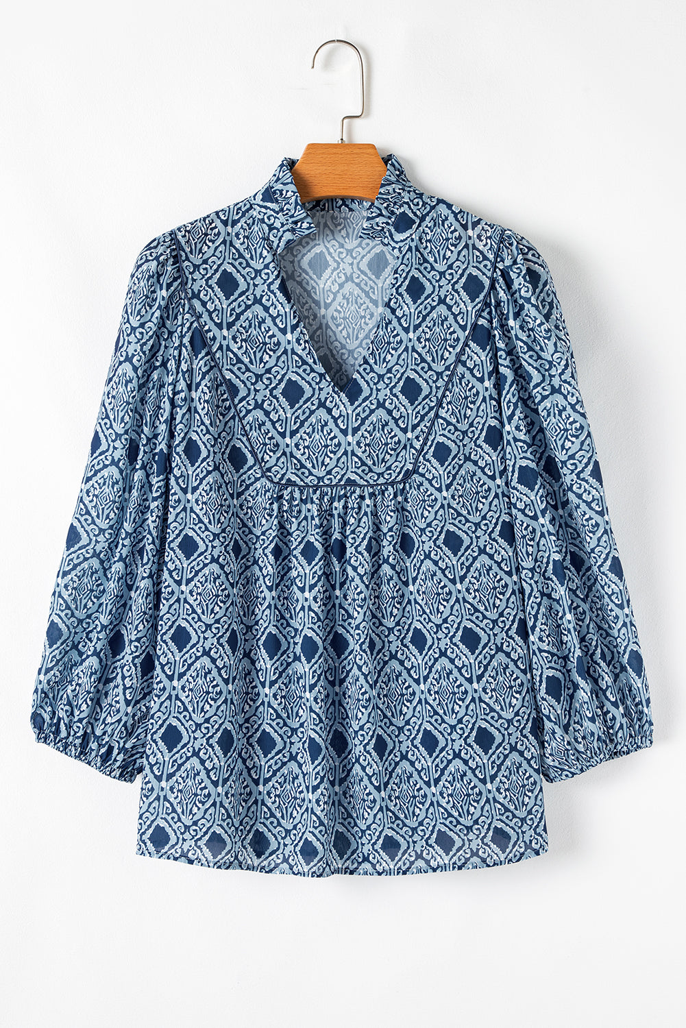 Geometric Print Frilled Notched Blouse
