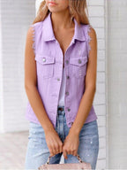 Full Size Button Down Raw Hem Sleeveless Denim Jacket Plus Size