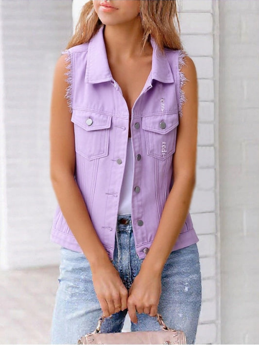 Full Size Button Down Raw Hem Sleeveless Denim Jacket Plus Size - felvior