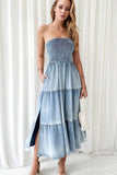 Smocked Tube Slit Tiered Denim Dress - felvior