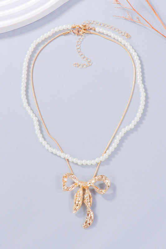 Synthetic Pearl Necklace, Bow Necklace and Bow Earrings Jewelry Set - felvior