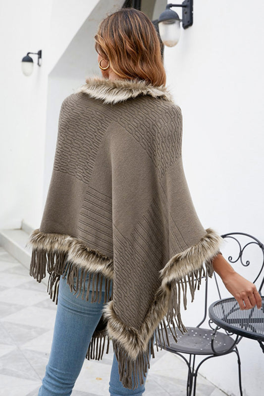 Faux Fur Trim Fringed Poncho - felvior