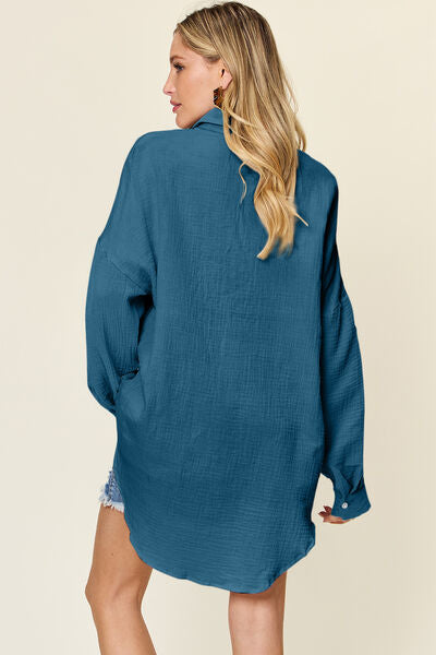 Double Take Full Size Pocketed Texture Button Up Shirt - felvior