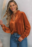 Notched Frill Detail Long Sleeve Blouse - felvior