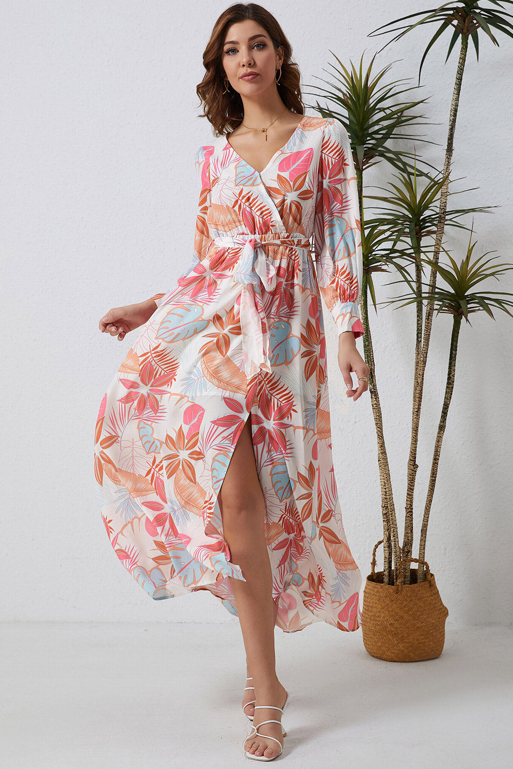 Printed Tie Waist Maxi Dress - felvior