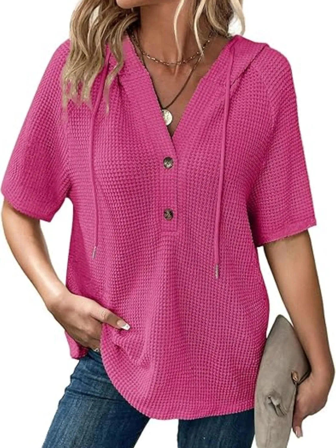 Drawstring Waffle-Knit Short Sleeve Hooded Top