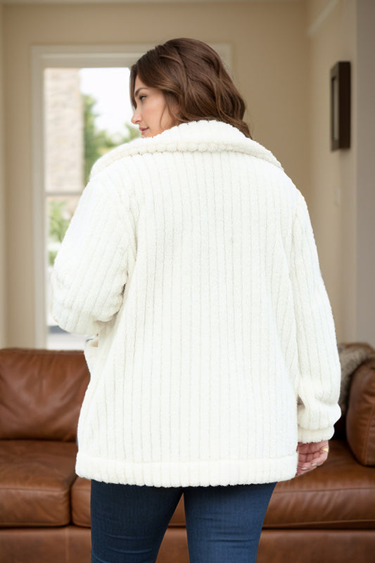 Plus Size Collared Neck Button Down Fuzzy Outerwear - felvior