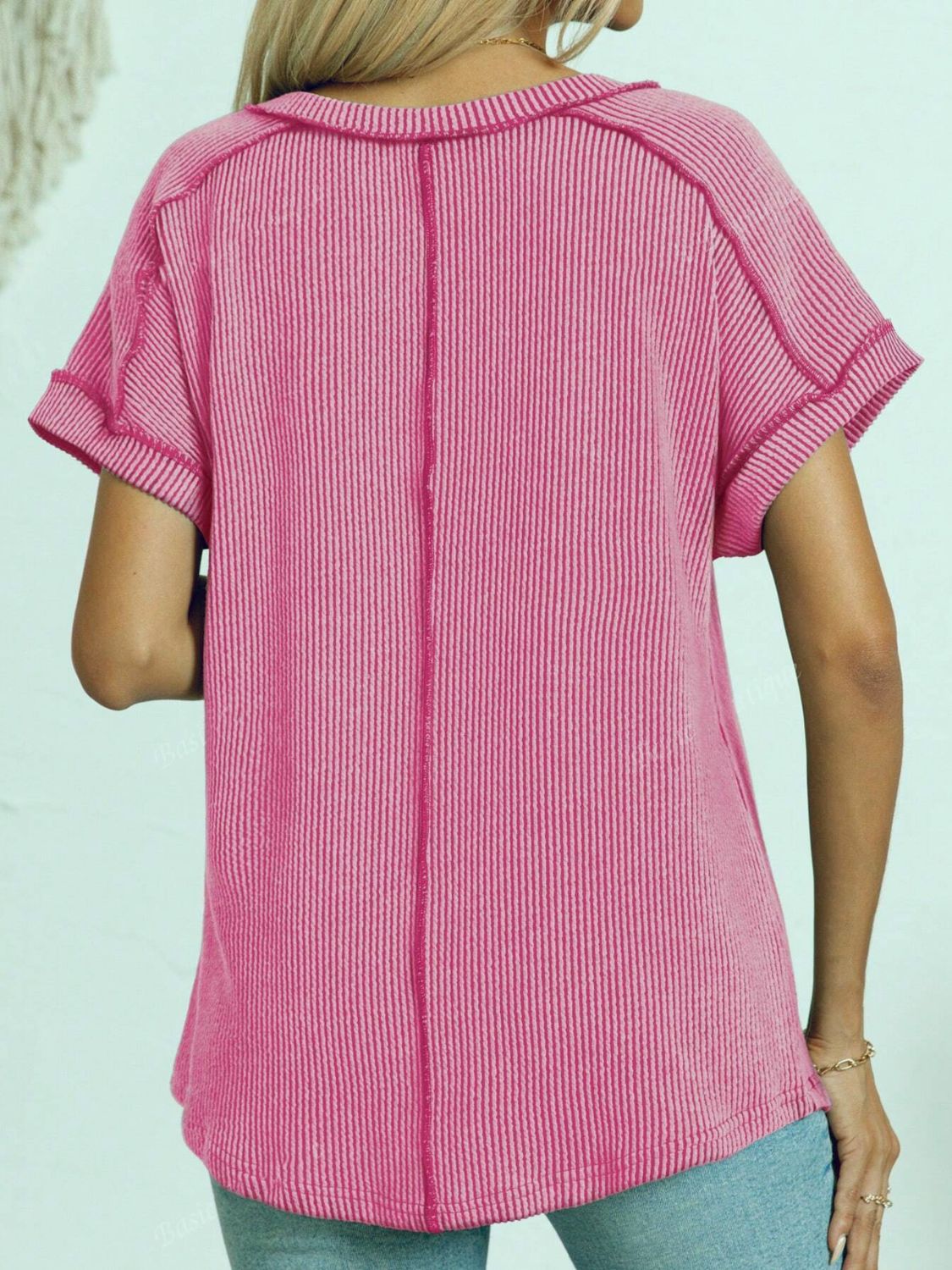 Exposed Seam V-Neck Short Sleeve Top - felvior