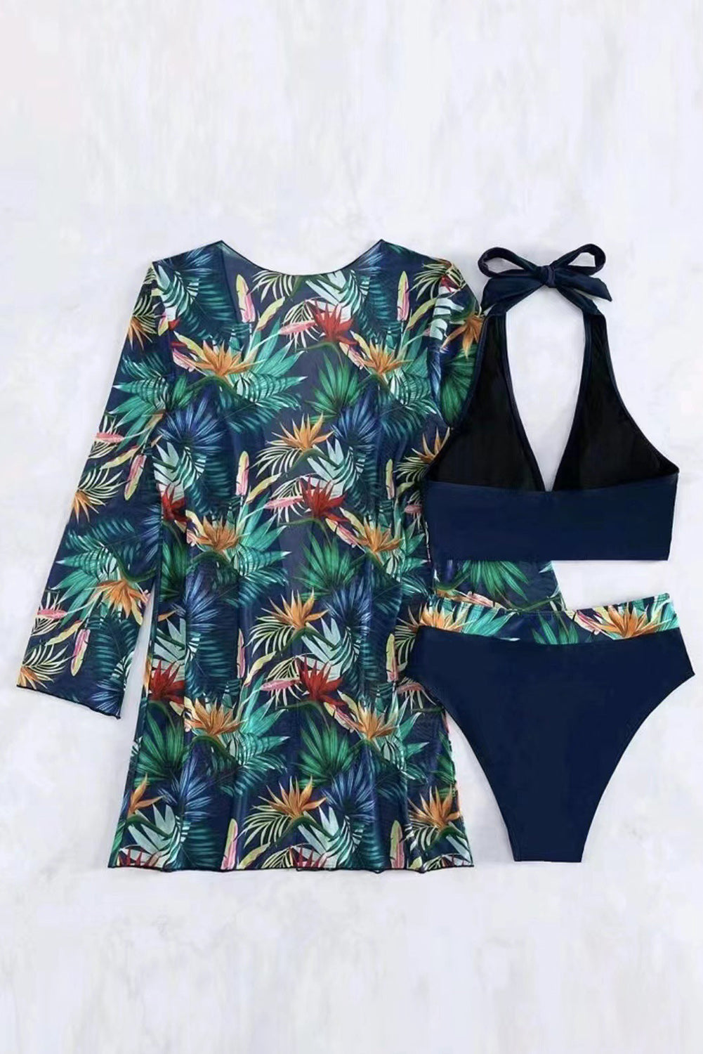 Printed Halter Neck Three-Piece Swim Set - felvior