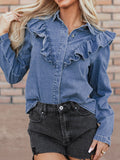 Ruffled Collared Neck Long Sleeve Denim Top - felvior