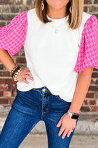 Round Neck Contrast Tweed Puff Sleeve Top