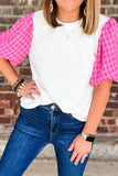 Round Neck Contrast Tweed Puff Sleeve Top - felvior