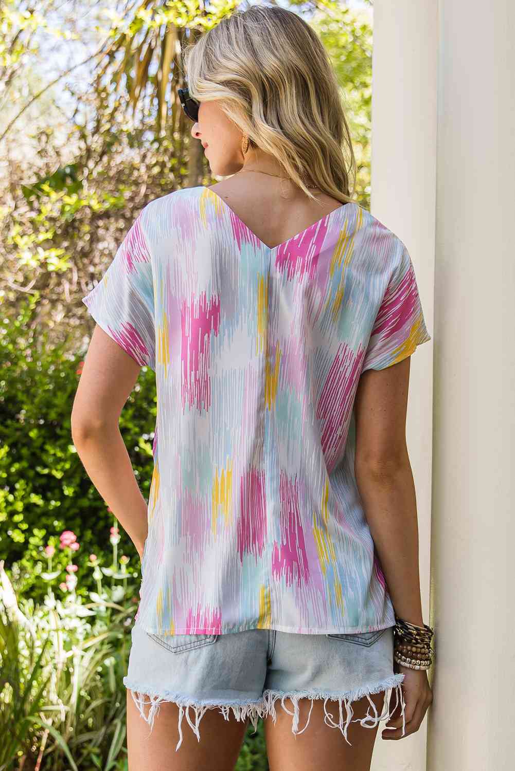 High-Low V-Neck Short Sleeve Blouse - felvior
