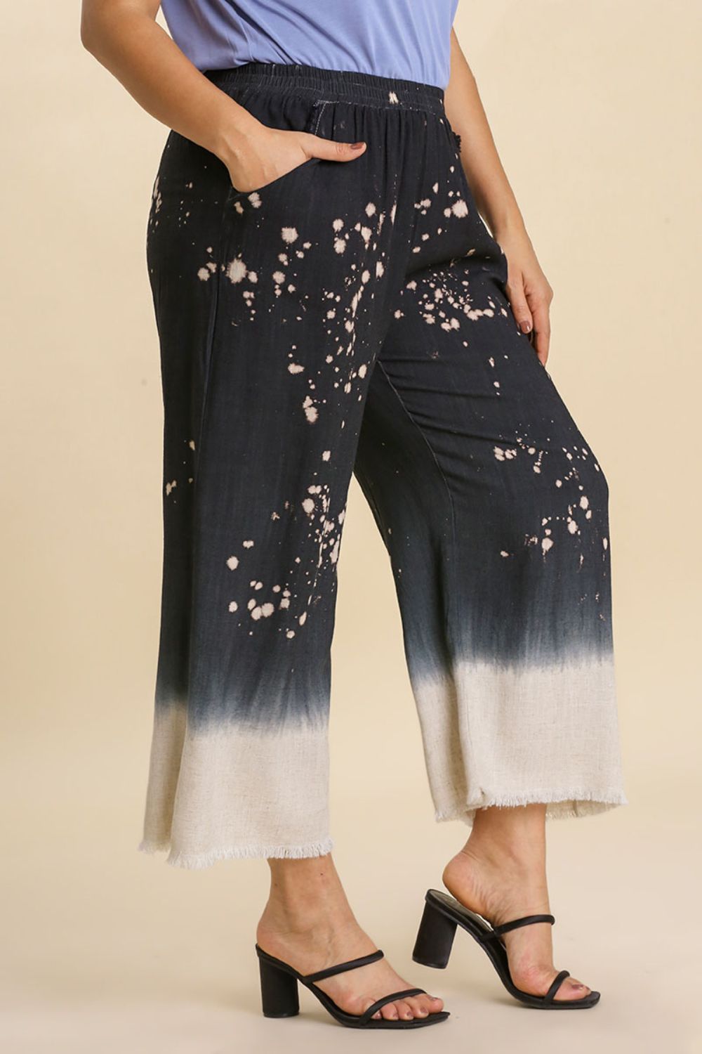 Umgee Full Size Raw Hem Linen Blend Bleach Dip Dye Wide Leg Pants Plus Size