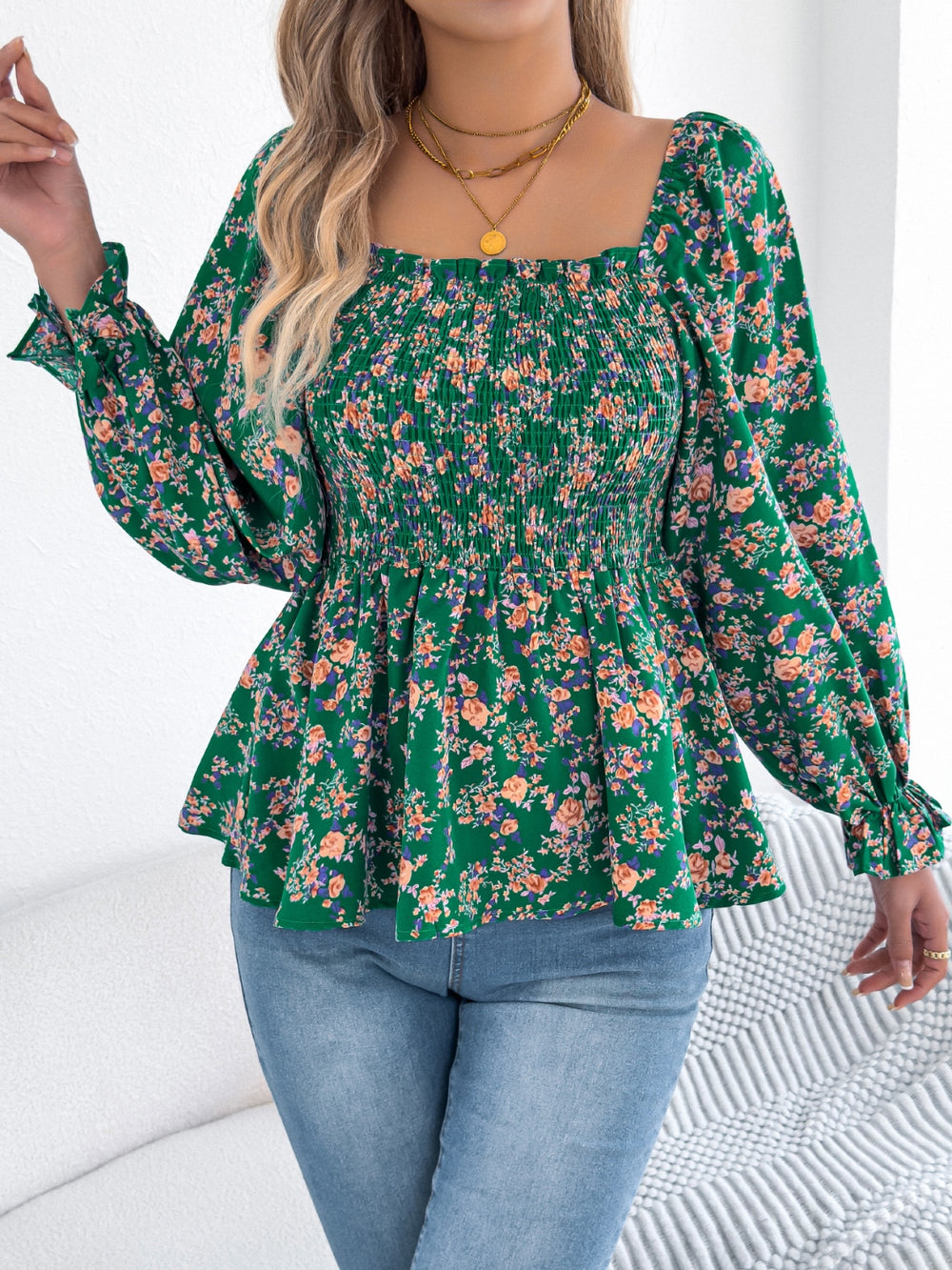 Floral Square Neck Flounce Sleeve Blouse
