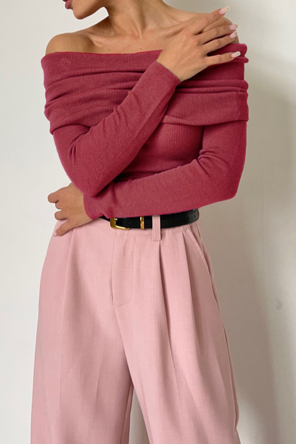 Off-Shoulder Long Sleeve Knit Top