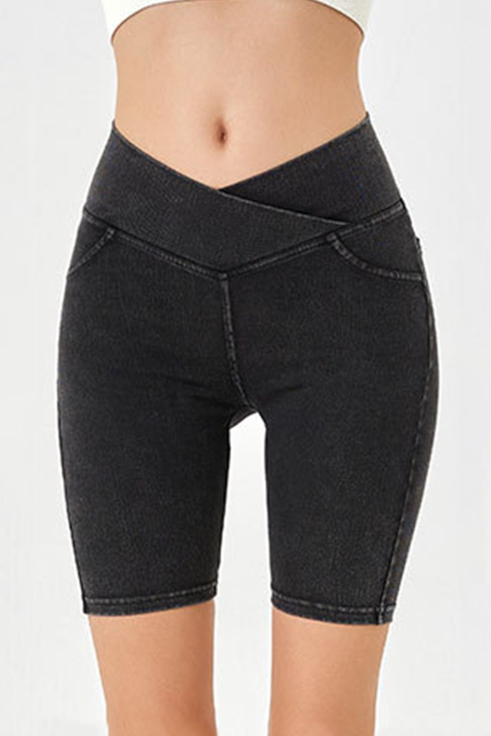 Basic Bae Asymmetrical Waist Denim Shorts with Pockets - felvior