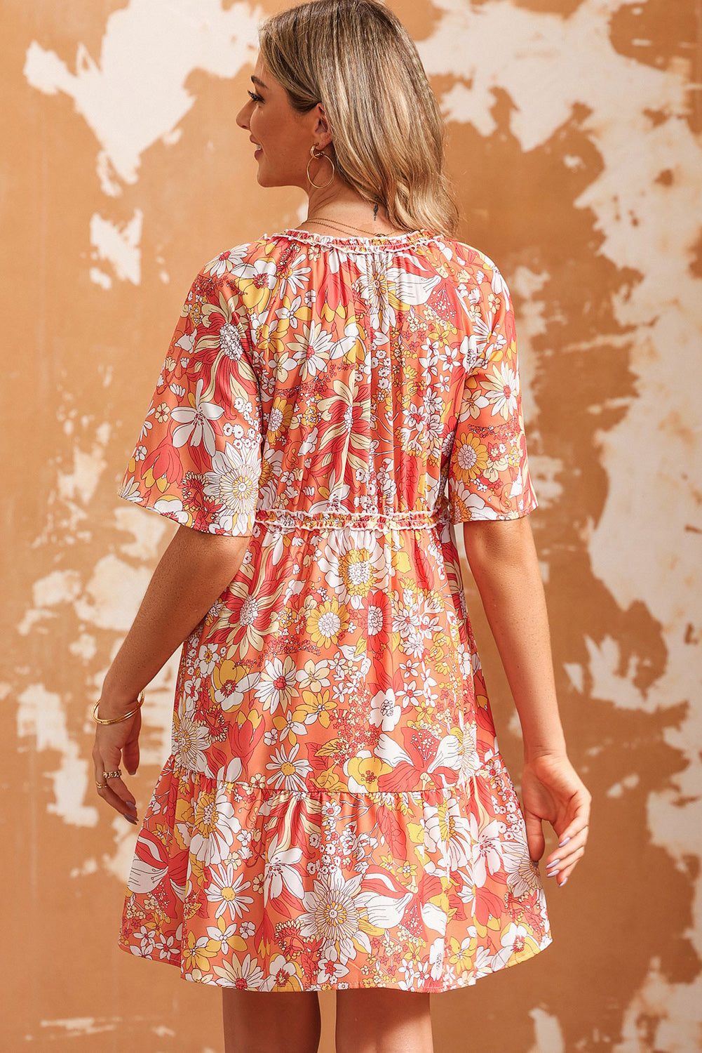 Floral Print V-Neck Short Sleeve Frill Trim Mini Dress - felvior