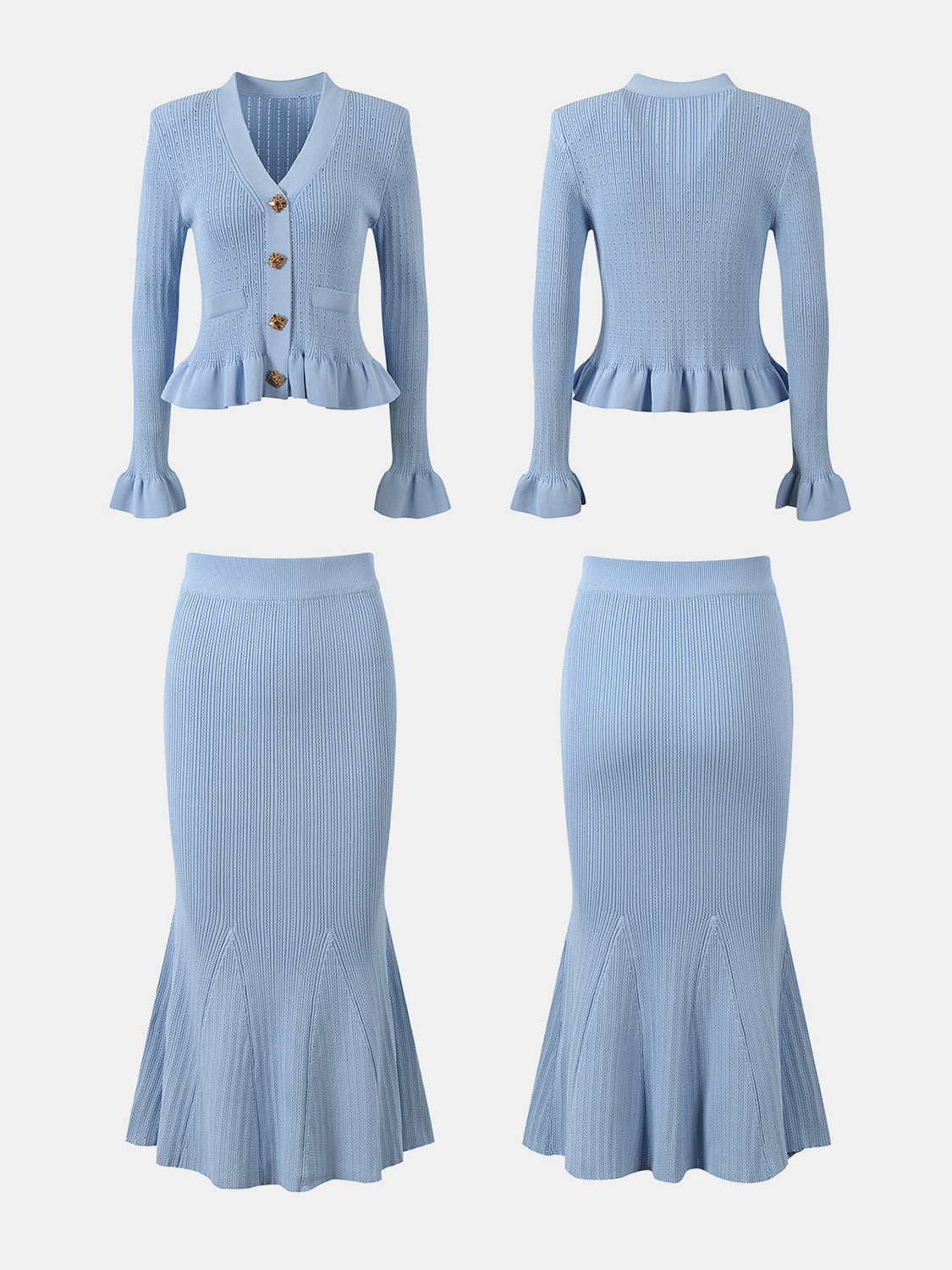 Ruffled V-Neck Top and Midi Skirt Sweater Set - felvior