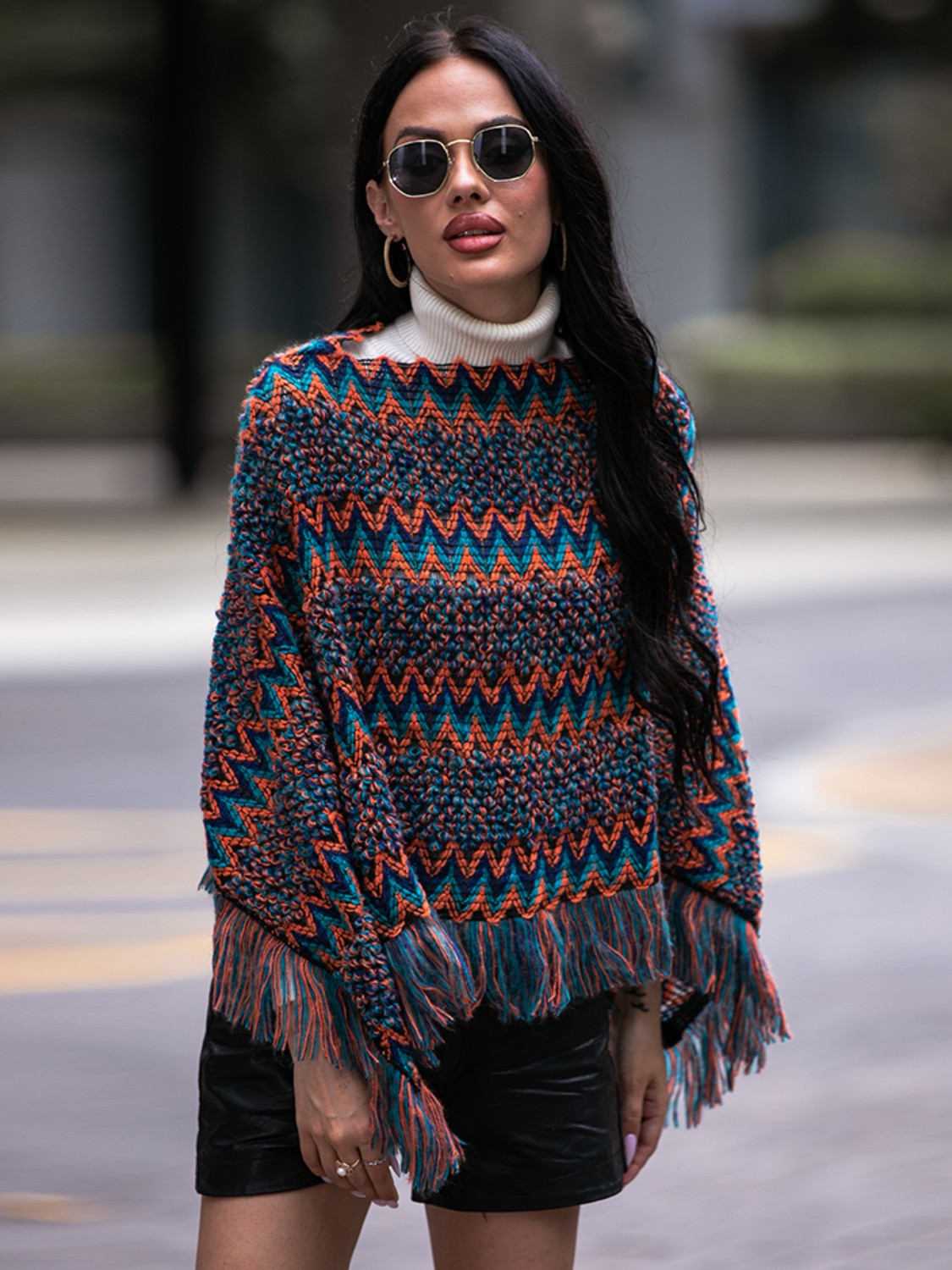 Shiny Fringe Hem Boat Neck Poncho - felvior