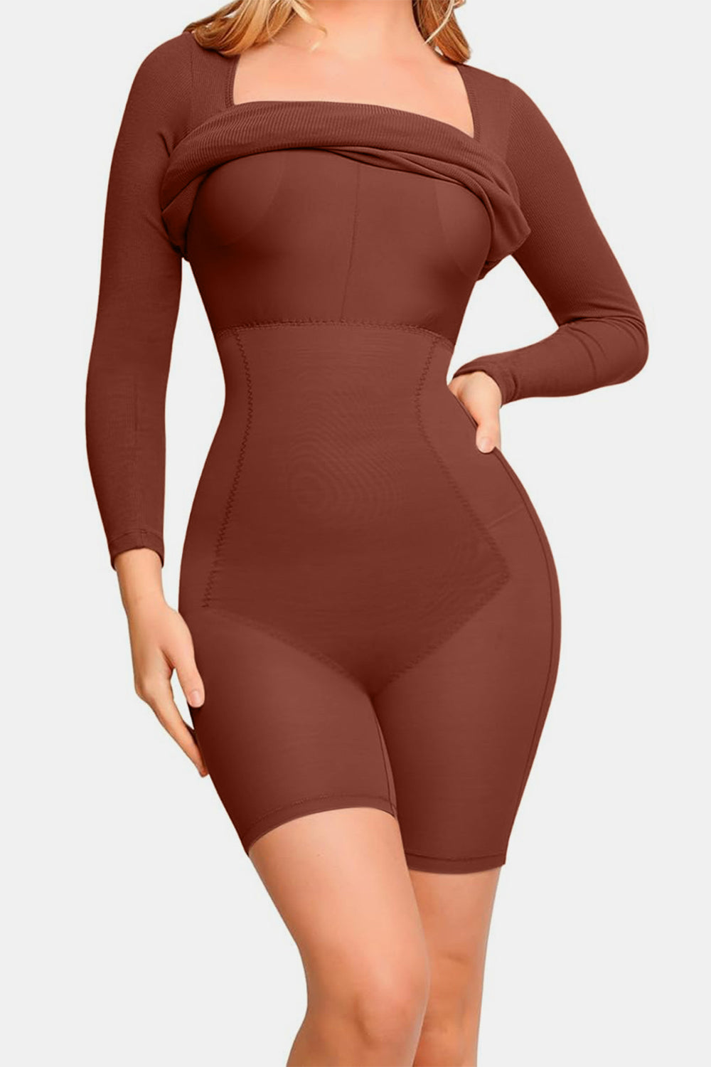 Basic Bae Full Size Built-In Shapewear Square Neck Long Sleeve Dress - felvior