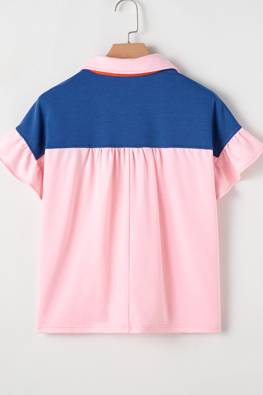 Color Block Half Buttoned Ruffled Short Sleeve T Shirt - felvior