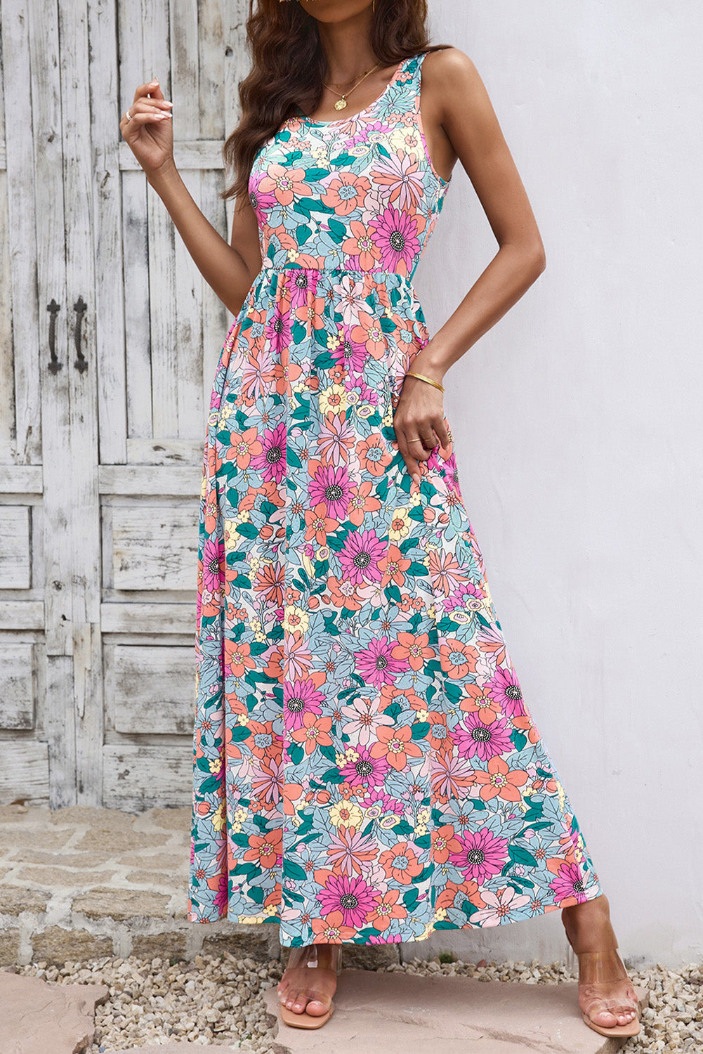 Round Neck Sleeveless Maxi Dress with Pockets - felvior
