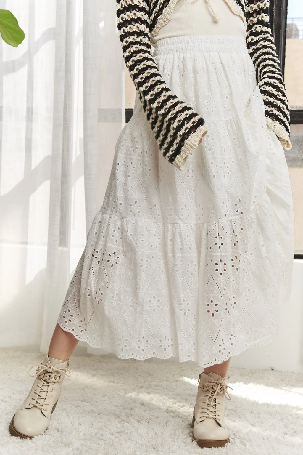 ADORA Elastic Waistband Tiered Midi Skirt