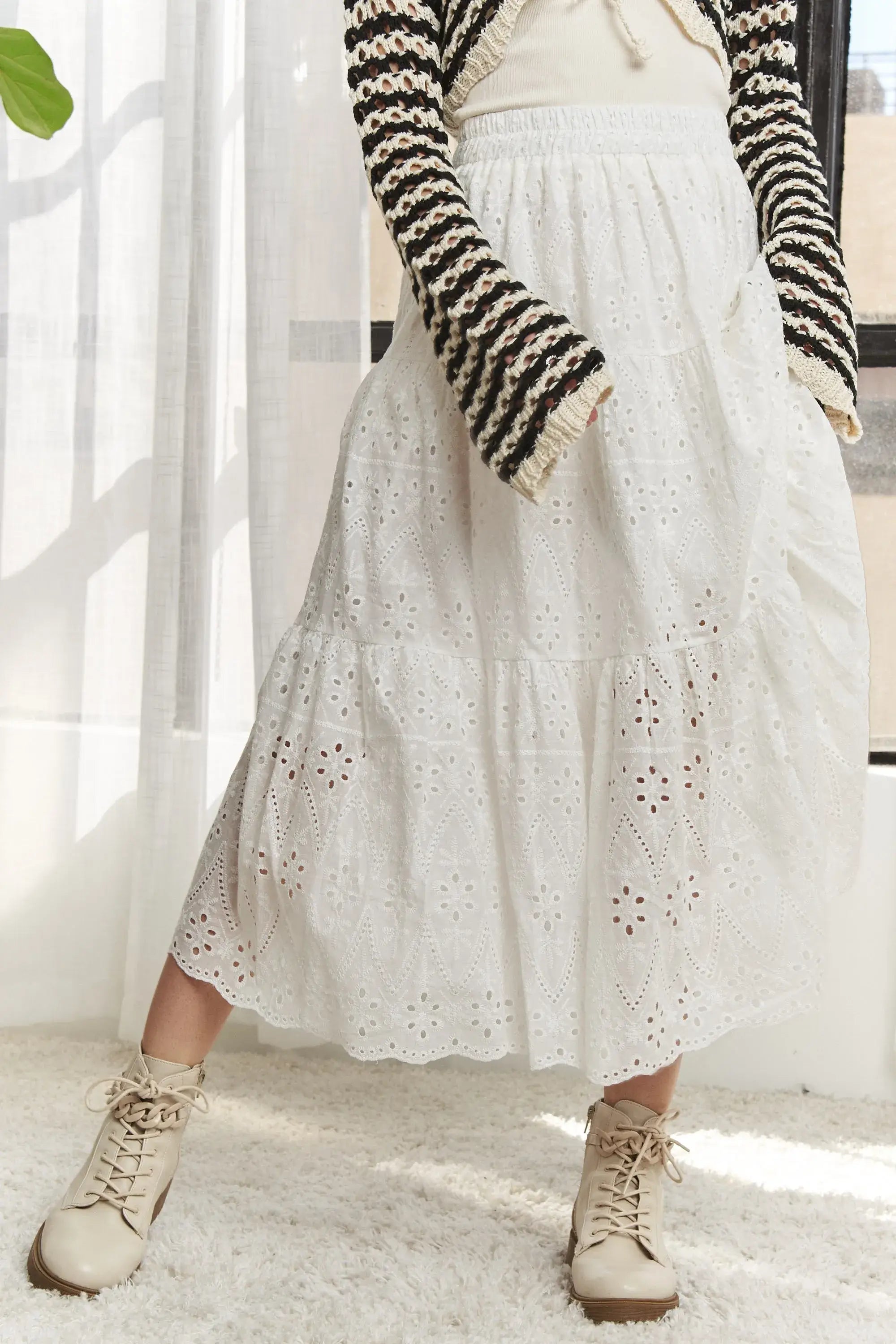 ADORA Elastic Waistband Tiered Midi Skirt