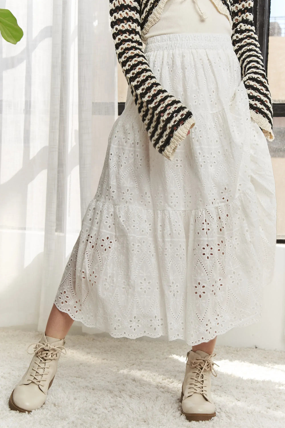 ADORA Elastic Waistband Tiered Midi Skirt