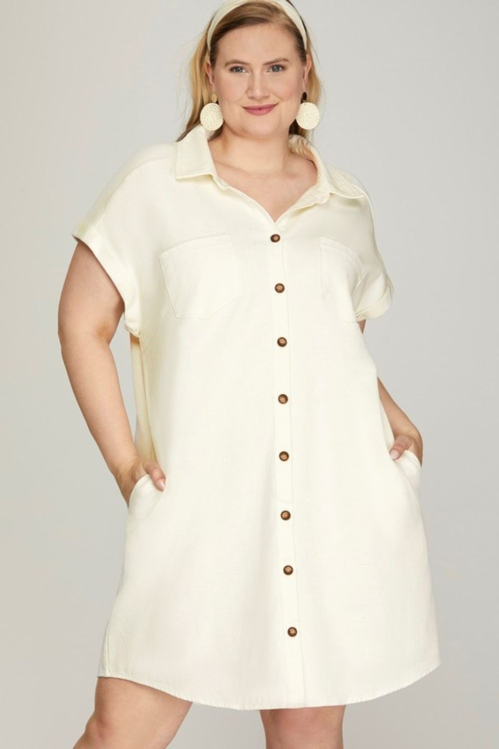 She + Sky Full Size Folded Cuff Button Down Washed Twill Shirt Dress Plus Size Secondary image