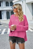 High-Low Slit Round Neck Long Sleeve Sweater - felvior