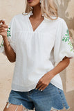Floral Embroidered Puff Sleeve Notched Blouse - felvior