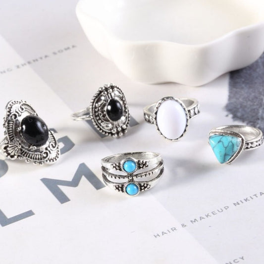 Alloy Turquoise 5-Piece Ring Set - felvior