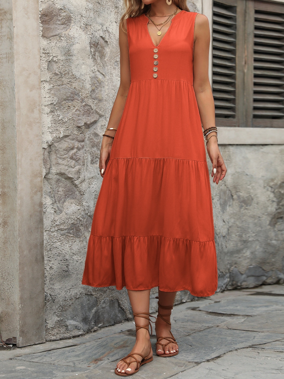 Ivy Lane Decorative Button Notched Sleeveless Dress - felvior