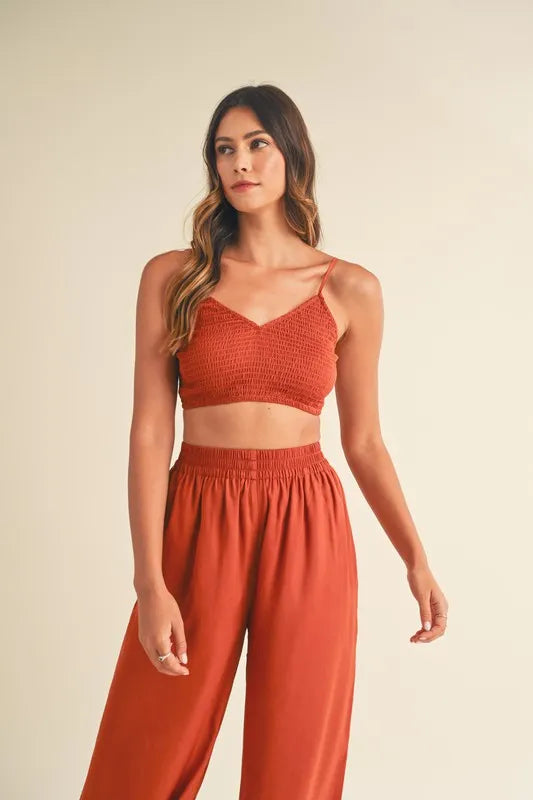 MABLE Smocked Bralette Crop Top and Wide Leg Pants Set - felvior