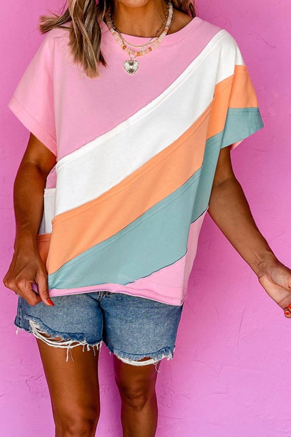 Color Block Round Neck Short Sleeve T Shirt