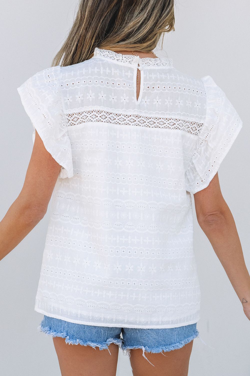 Lace Round Neck Flutter Sleeve Eyelet Blouse - felvior