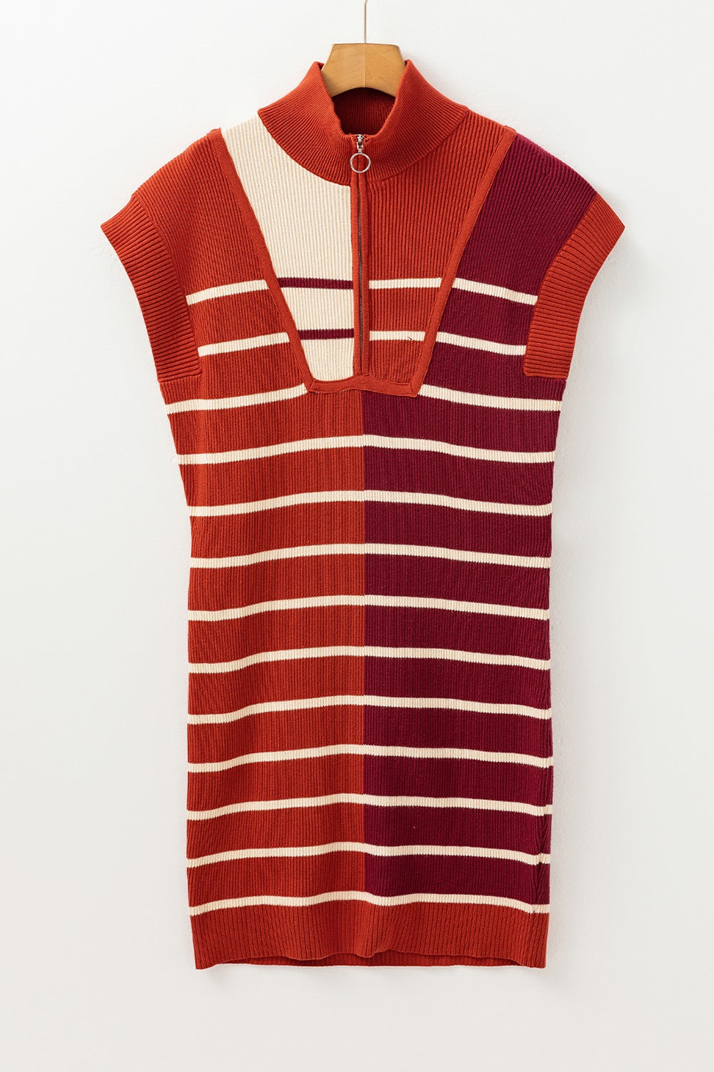 Striped Quarter Zip Cap Sleeve Sweater Dress - felvior