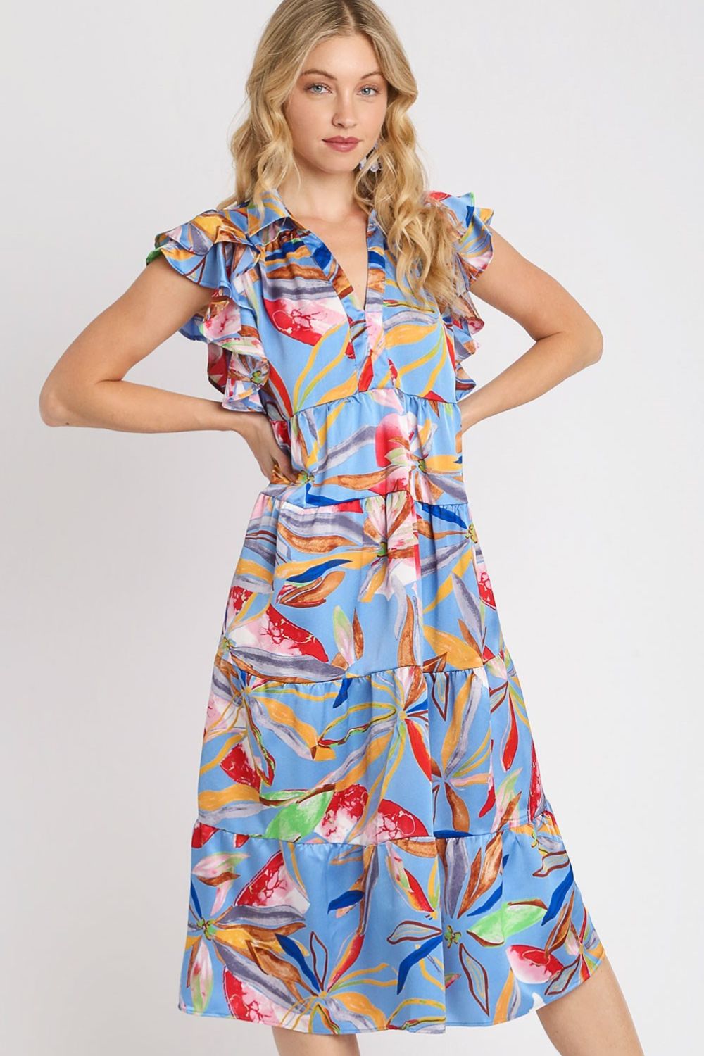 Umgee Full Size Leaf Print Double Layered Ruffle Sleeve Tiered Midi Dress Plus Size Main image