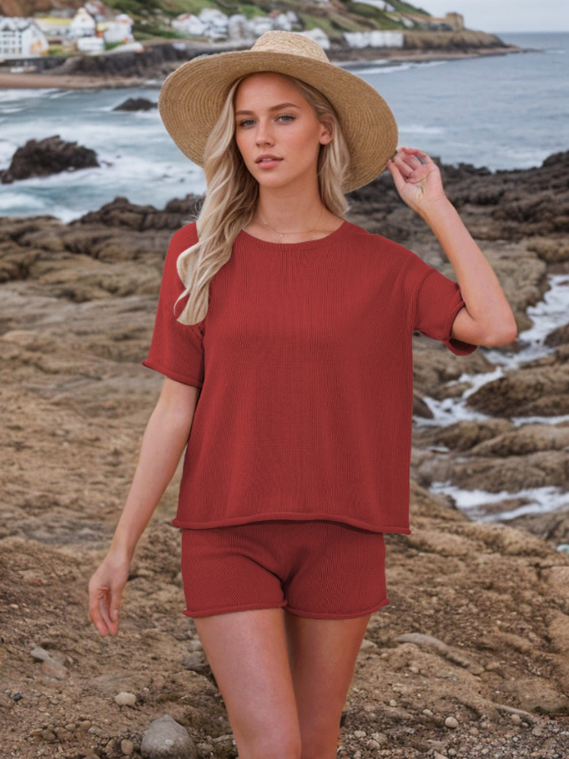 Round Neck Short Sleeve Top and Shorts Sweater Set - felvior
