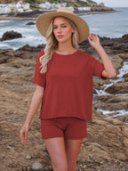 Round Neck Short Sleeve Top and Shorts Sweater Set
