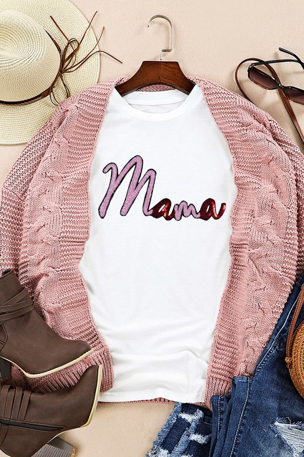 MAMA Sequin Round Neck Short Sleeve T-Shirt