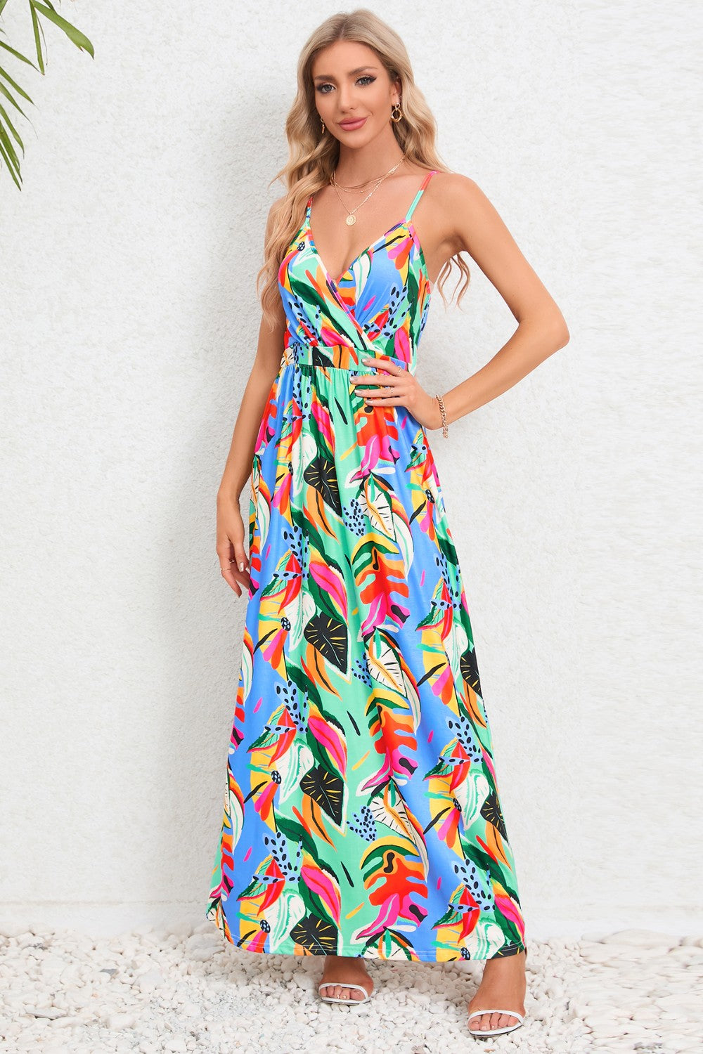 Printed Surplice Maxi Cami Dress - felvior