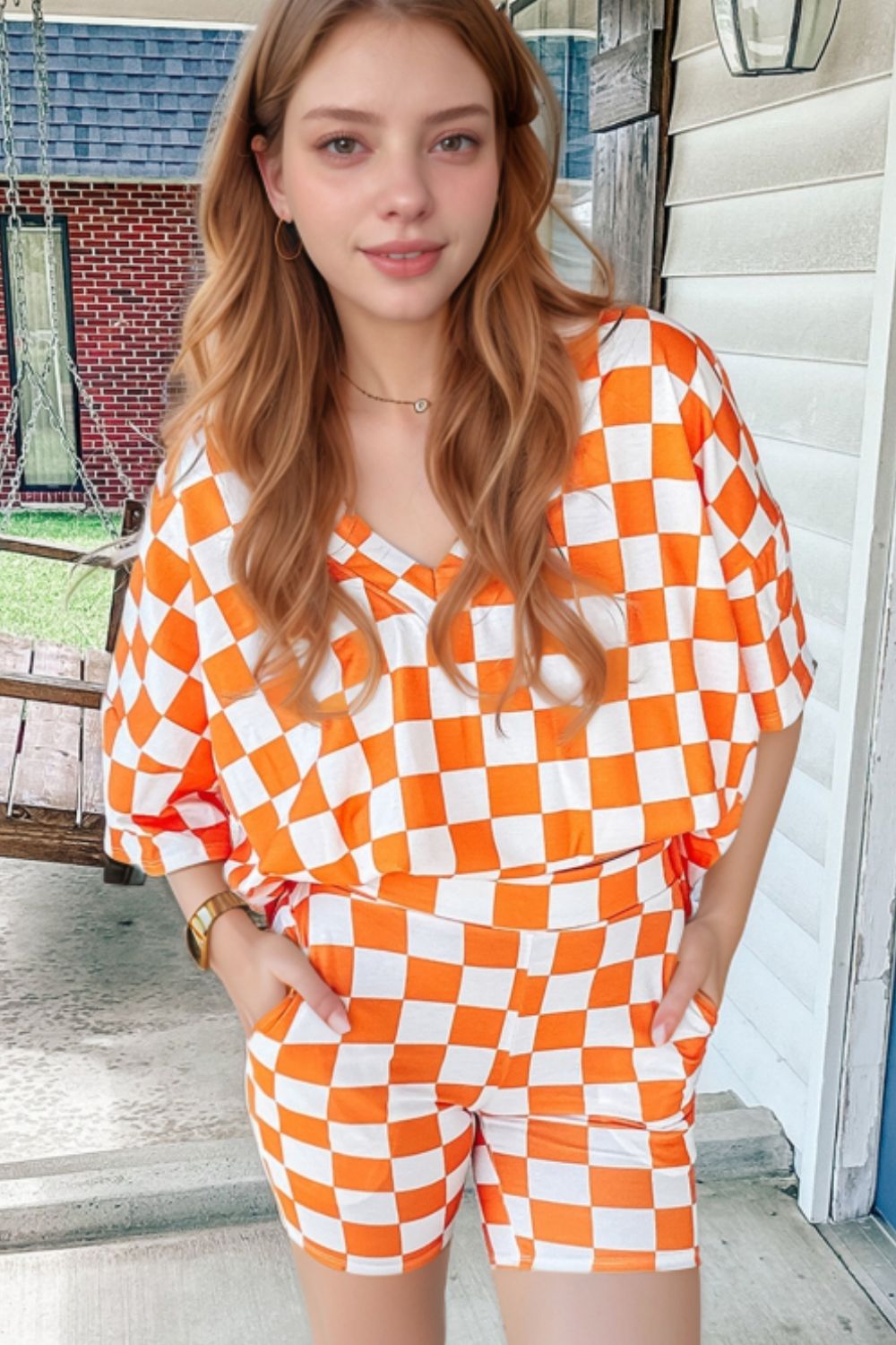 Checkerboard V Neck Loose Tee and Shorts Set - felvior