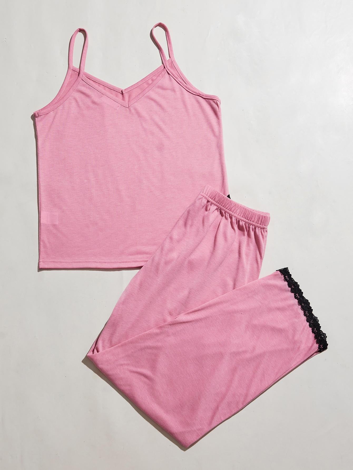 V-Neck Lace Trim Slit Cami and Pants Pajama Set - felvior