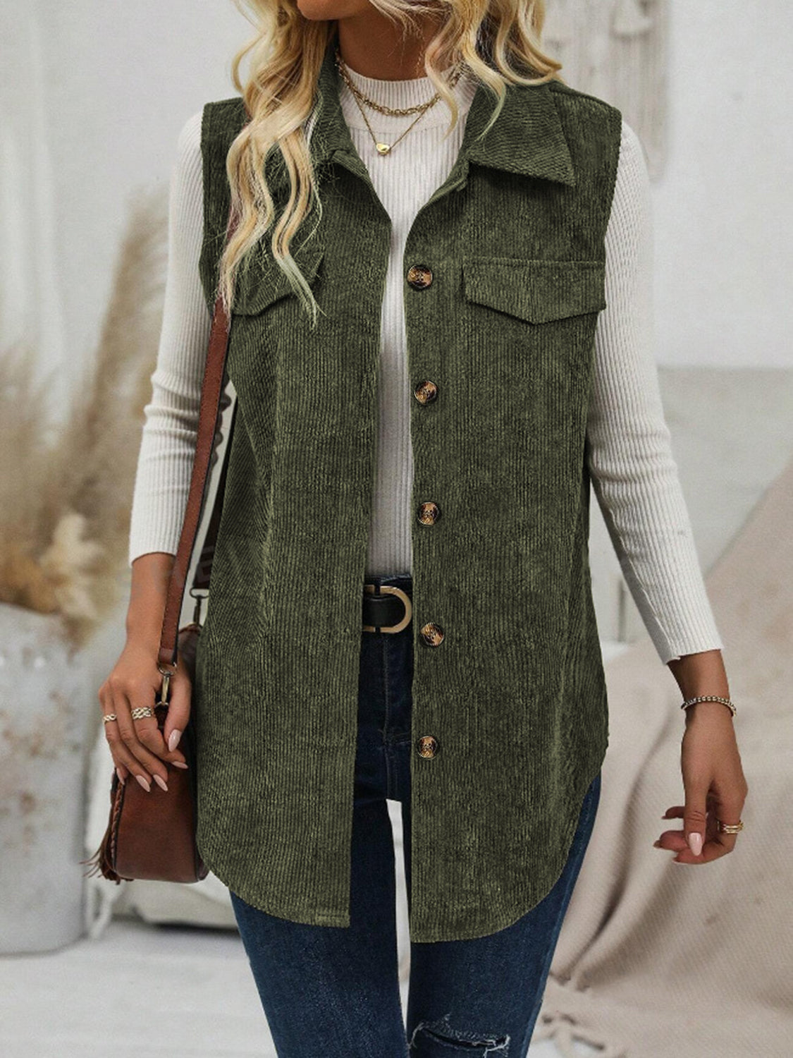 Button Up Collared Neck Vest Coat - felvior