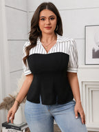 Plus Size Striped Johnny Collar Short Sleeve Blouse