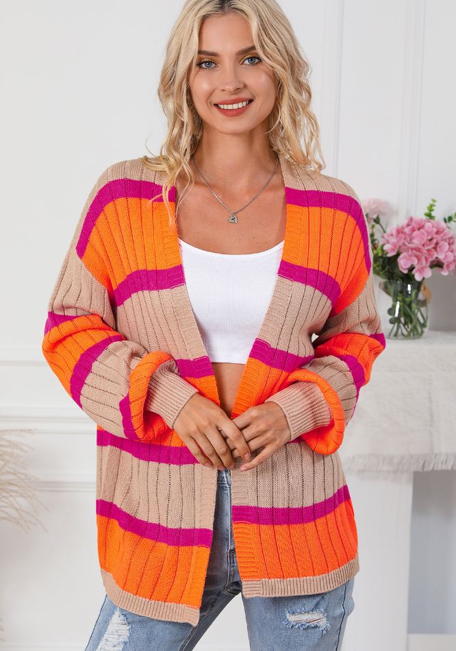 Contrast Striped Drop Shoulder Open Front Cardigan - felvior