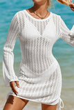 Hollow Out Bell Sleeve Drawstring Knit Cover Up Dress - felvior